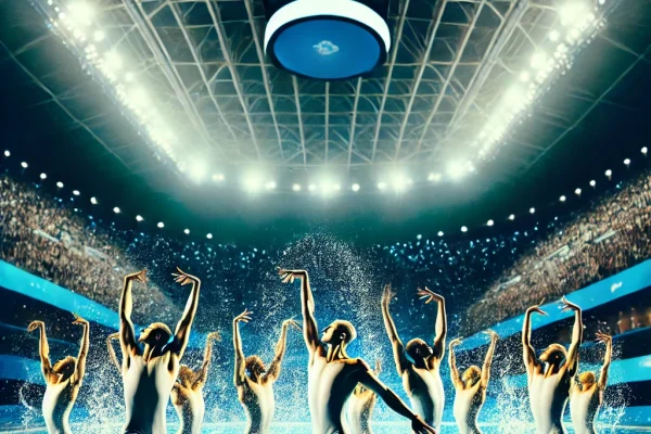DALL·E 2025-03-15 22.36.45 - A stunning Artistic Swimming (Nado Artístico) performance in progress, featuring a synchronized team executing a graceful water routine in a clear blu