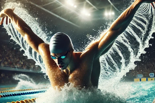 DALL·E 2025-03-15 22.37.55 - A professional Butterfly Stroke (Nado Borboleta) competition in progress, featuring an elite swimmer mid-stroke with both arms extended above the wate