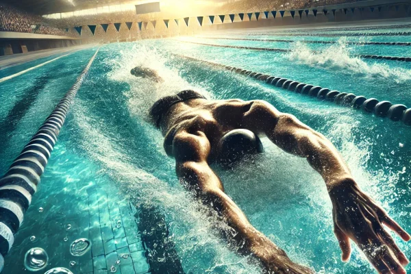 DALL·E 2025-03-15 22.39.03 - A professional Backstroke (Nado Costas) competition in progress, featuring an elite swimmer gliding smoothly on their back through the water. Their ar