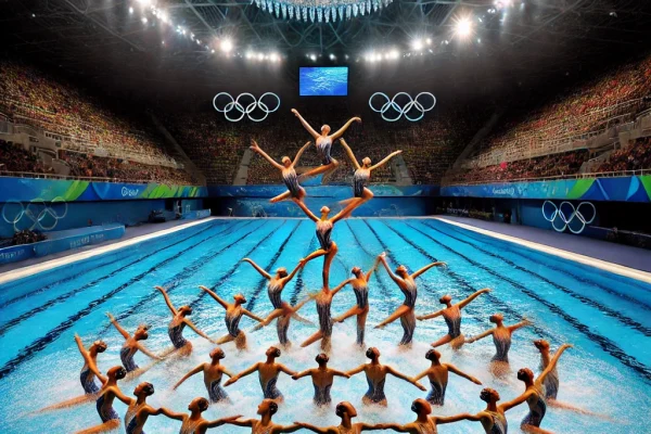 DALL·E 2025-03-15 22.44.04 - A stunning Synchronized Swimming (Nado Sincronizado) performance in progress, featuring a team of athletes executing a perfectly timed water routine.