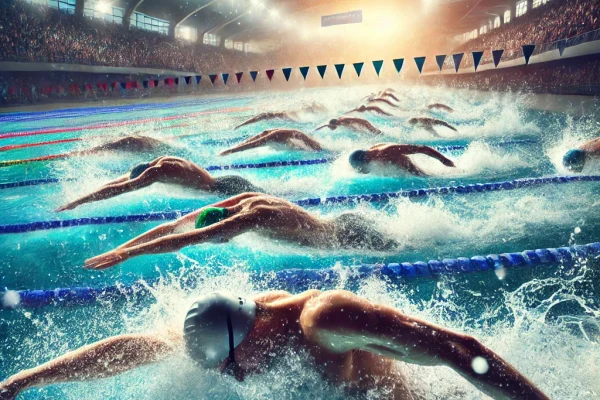 DALL·E 2025-03-15 22.46.27 - A professional Swimming (Natação) competition in progress, featuring multiple elite swimmers racing in an Olympic pool. The athletes are mid-stroke, c