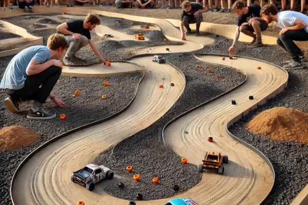 DALL·E 2025-03-15 22.47.17 - A competitive Neppis race in progress, featuring players flicking small toy cars along a winding dirt track with natural obstacles like curves, ramps,