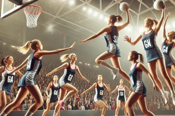 DALL·E 2025-03-15 22.48.15 - A high-energy Netball match in progress, featuring two teams of female athletes in action on an indoor court. Players are making quick passes, jumping