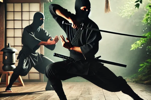 DALL·E 2025-03-15 22.49.19 - A traditional Ninjutsu martial arts demonstration in progress, featuring a ninja in black attire executing a stealthy and precise combat move. The sce