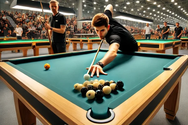 DALL·E 2025-03-15 22.50.30 - A competitive Novuss match in progress, featuring two players aiming and striking small wooden discs on a square wooden table with a cue stick. The go