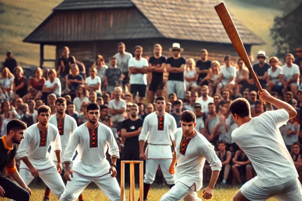 DALL·E 2025-03-15 22.51.39 - A competitive Oină match in progress, featuring players on a grassy field. One player is striking a small ball with a wooden bat while the opposing te
