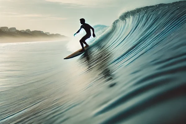 DALL·E 2025-03-15 23.39.51 - A serene wave riding (Ondulação) scene featuring a longboard surfer gracefully gliding over a small, smooth ocean wave. The surfer maintains perfect b