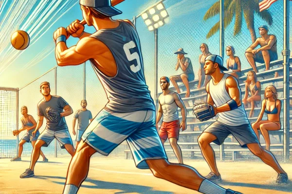 DALL·E 2025-03-15 23.41.06 - A competitive Over-the-Line (OTL) match in progress on a sunny beach, featuring three-player teams actively participating. One player is swinging a ba