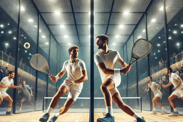 DALL·E 2025-03-15 23.42.18 - A high-energy Padel match in progress, featuring two teams of doubles players competing in a glass-walled court. The players are engaged in a fast-pac