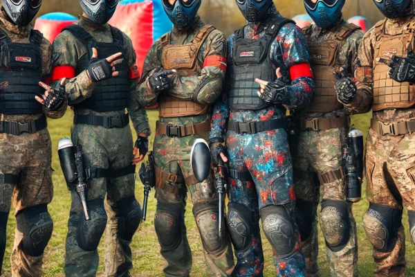 DALL·E 2025-03-15 23.49.05 - A group of Paintball players in full tactical gear, standing together after a competitive match. Their protective masks, padded jerseys, and pants are