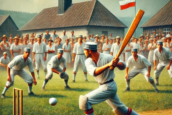 DALL·E 2025-03-15 23.49.40 - A competitive Palant match in progress, featuring players on a grassy field. One player is striking a small ball with a wooden bat while the opposing