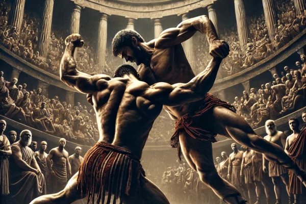DALL·E 2025-03-15 23.50.57 - An intense ancient Greek Pankration (Pancrácio) match in progress, featuring two muscular fighters engaged in a mix of wrestling and striking techniqu