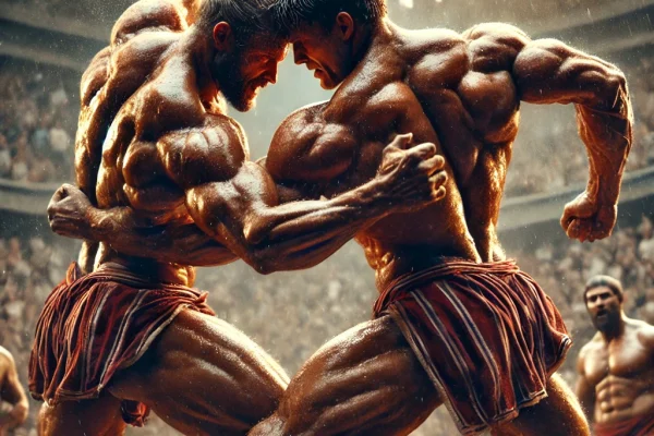 DALL·E 2025-03-15 23.53.21 - An intense ancient Greek Pankration (Pancrácio) match in progress, featuring two muscular fighters engaged in a mix of wrestling and striking techniqu