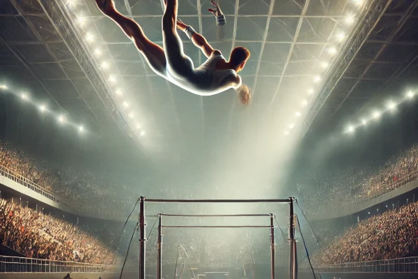 DALL·E 2025-03-15 23.55.51 - A professional gymnast performing a complex routine on the Uneven Bars (Paralelas Assimétricas) in an indoor gymnastics arena. The athlete is mid-air,