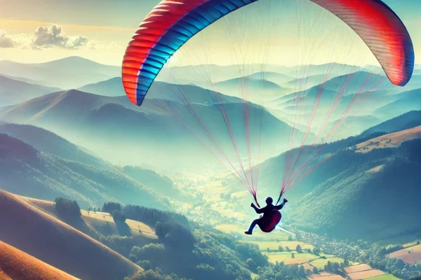 DALL·E 2025-03-15 23.59.31 - A breathtaking paragliding (Parapente) scene featuring a pilot soaring high above a scenic mountain landscape. The pilot is harnessed under a colorful