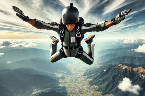 DALL·E 2025-03-16 00.00.31 - A thrilling skydiving (Paraquedismo) scene featuring a skydiver in freefall above a breathtaking landscape. The diver is wearing a professional jumpsu