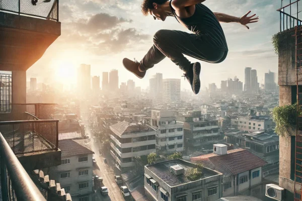DALL·E 2025-03-16 00.02.37 - A high-energy Parkour scene featuring a traceur mid-air performing a daring jump between two urban rooftops. The athlete is dressed in a flexible outf