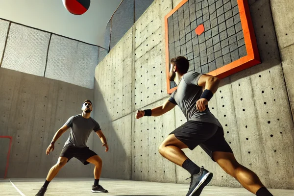 DALL·E 2025-03-16 00.03.47 - A competitive Patball game in progress, featuring two players in an outdoor court hitting a ball against a large wall using only their hands. The play