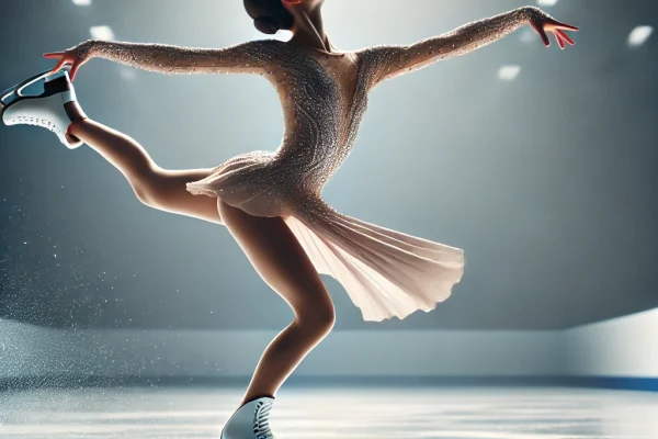 DALL·E 2025-03-16 00.06.17 - A graceful figure skater performing an elegant routine on the ice. The skater is wearing a sparkling costume, mid-spin with arms extended, showcasing