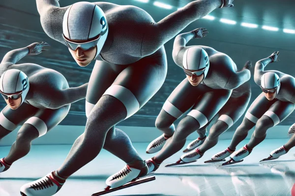 DALL·E 2025-03-16 00.07.33 - A high-speed speed skating (Patinação de Velocidade) competition featuring multiple athletes racing on an indoor ice rink. The skaters are in aerodyna