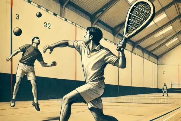DALL·E 2025-03-16 00.10.20 - A competitive Pelota Basca match in progress, featuring two athletes playing in an indoor frontón court. One player is wearing a traditional uniform a