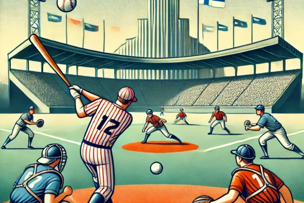 DALL·E 2025-03-16 00.13.24 - A competitive Pesäpallo (Finnish baseball) match in progress, featuring players in colorful uniforms on a traditional field. A batter is striking the