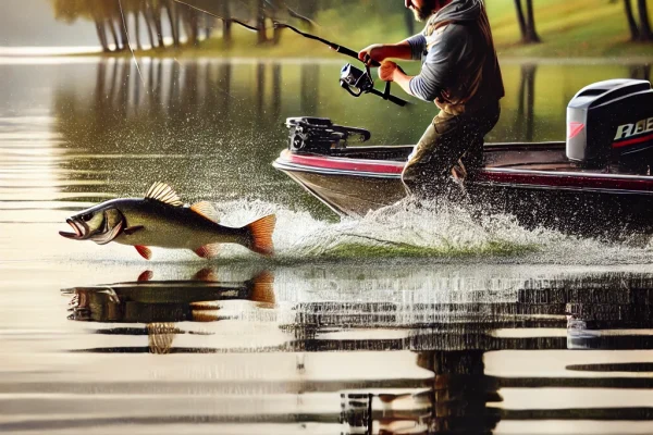 DALL·E 2025-03-16 00.14.36 - A professional sport fishing (Pesca Esportiva) competition taking place on a calm lake. A skilled angler in a small boat is reeling in a large fish wi