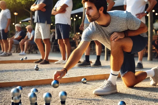 DALL·E 2025-03-16 00.15.53 - A competitive Petanca match in progress on a gravel court. Players are focused as they carefully throw metal balls towards the small wooden target (co