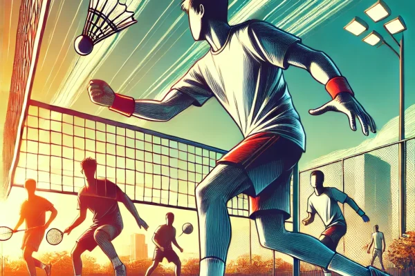 DALL·E 2025-03-16 00.17.31 - A competitive Peteca match in progress on an outdoor court. Players are in action, striking the shuttlecock-like peteca with their hands over a net. T