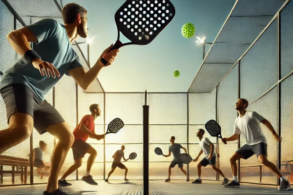 DALL·E 2025-03-16 00.18.38 - A competitive Pickleball match in progress on an outdoor court. Players are engaged in a fast-paced rally, using small paddles and a perforated plasti