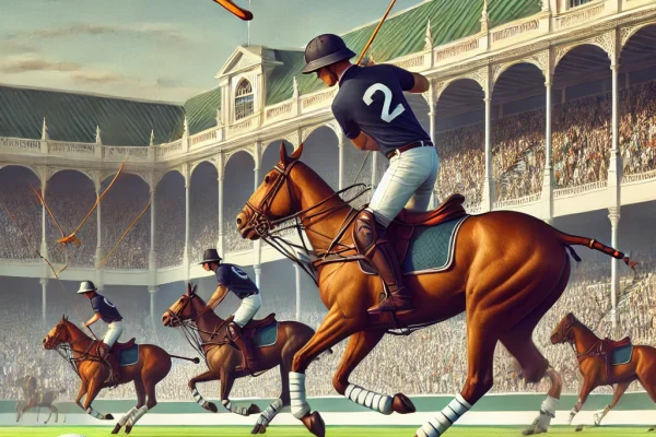 DALL·E 2025-03-16 00.19.48 - A competitive Polo match in progress on a lush green field. Players on horseback are swinging mallets at a small white ball, showcasing speed and prec