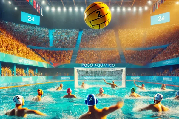 DALL·E 2025-03-16 00.20.59 - A competitive Water Polo (Polo Aquático) match in progress in a large swimming pool. Players are treading water while passing and shooting a yellow ba