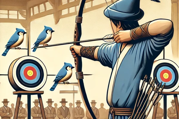 DALL·E 2025-03-16 00.22.10 - A professional Popinjay archery competition in progress. An archer is aiming a bow nearly vertically, trying to knock down small bird-shaped targets p