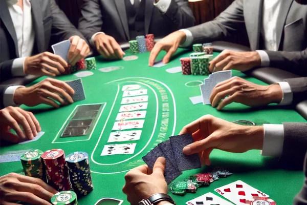 DALL·E 2025-03-16 00.23.39 - A professional poker game in progress. Players are seated around a green felt table, concentrating as they play their cards. The scene shows various p