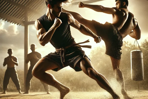 DALL·E 2025-03-16 00.24.44 - A dynamic Pradal Serei martial arts demonstration in progress. A fighter is showcasing powerful punches, knee strikes, and agile movements in a tradit