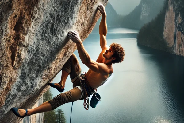 DALL·E 2025-03-16 00.25.50 - A climber performing a challenging Psicobloc (rock climbing without ropes) on a natural rock formation above a body of water. The climber is focused a