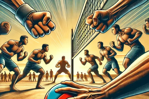 DALL·E 2025-03-16 00.26.56 - A dynamic Punchball game in progress. Players are using their fists to hit a ball over a net, with one team trying to score against the other. The pla