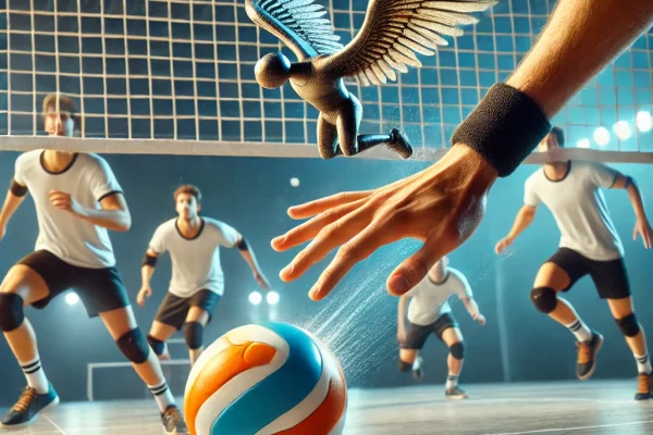 DALL·E 2025-03-17 16.00.49 - A competitive Qianball game in progress. Players are using both their hands and feet to control a ball with wings, passing it over a net. The court is