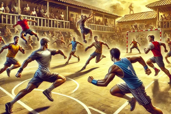 DALL·E 2025-03-17 16.12.18 - A dynamic scene of a game of Queimada in progress, with two teams of players on opposite sides of a court. Players are trying to dodge the ball while