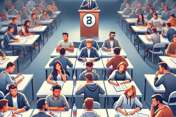 DALL·E 2025-03-17 16.13.34 - A competitive quizzing event in progress, with a group of participants sitting at tables, answering questions on various topics like science, history,