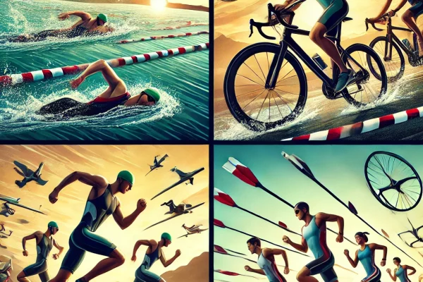 DALL·E 2025-03-17 16.17.26 - A dynamic Quadrathlon competition in progress. Athletes are competing in four stages_ swimming in open water, cycling on varied terrain, rowing in boa