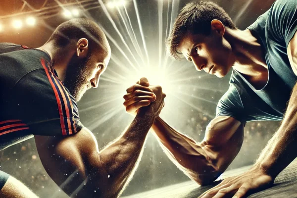 DALL·E 2025-03-17 16.21.35 - A dynamic scene of an armwrestling competition (Queda de Braço), where two athletes are facing off in a match of strength and technique. Both competit