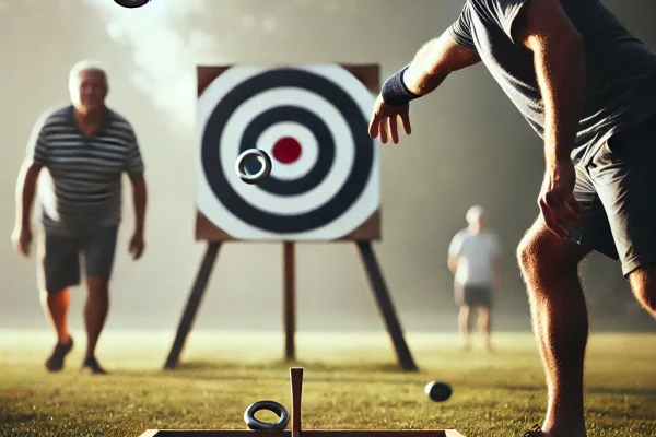 DALL·E 2025-03-17 17.22.32 - A competitive quoits match in progress, featuring two players aiming and throwing metal rings towards a central post. The scene takes place outdoors o