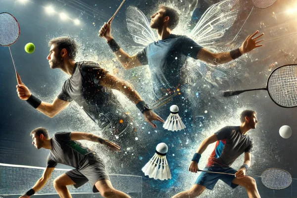 DALL·E 2025-03-17 22.26.13 - A dynamic racketlon match in progress, with one player engaging in a game of tennis, while another player is ready to play badminton. The scene transi