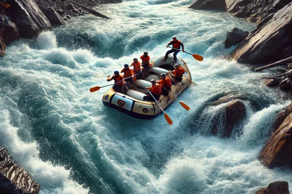 DALL·E 2025-03-17 22.27.42 - A thrilling rafting scene, with a group of adventurers navigating through wild and turbulent river rapids in an inflatable raft. The team is paddling