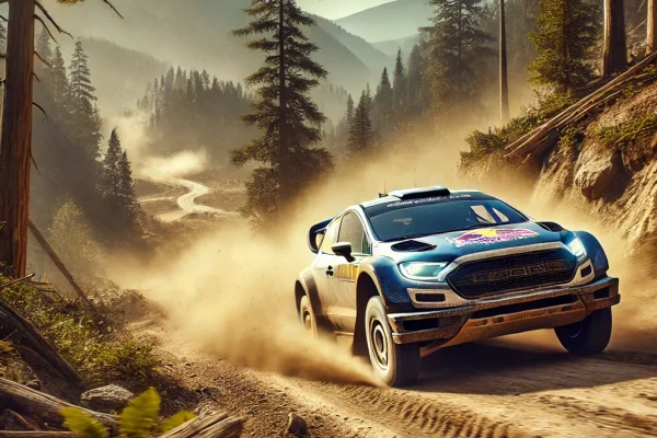 DALL·E 2025-03-17 22.28.48 - A thrilling rally race scene, with a car speeding through a dirt road, kicking up dust as it navigates a challenging terrain. The environment includes