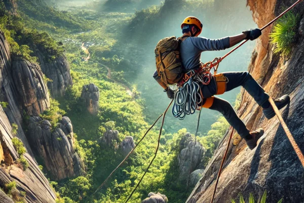 DALL·E 2025-03-17 22.29.50 - A thrilling rappel scene, with a person descending a steep cliff using a rope, surrounded by nature. The person is wearing appropriate safety gear, in
