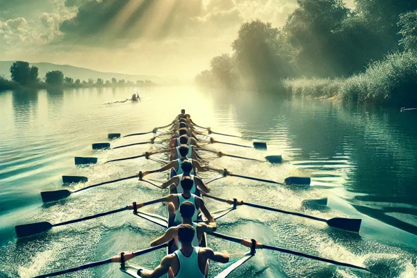 DALL·E 2025-03-17 22.31.06 - A thrilling rowing scene, with a group of athletes rowing in sync on a calm river. The team is in a long boat, using their paddles to propel the vesse