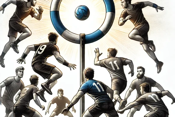 DALL·E 2025-03-17 22.34.44 - A competitive ringball game in progress, with two teams of players actively competing to pass the ball through a large ring in the center of the field