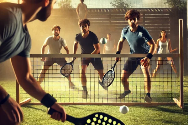 DALL·E 2025-03-17 22.40.10 - A competitive rocball game in progress on a grass field, with two teams of players using rackets to hit a small ball over a net. The players are activ